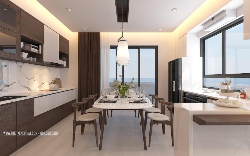 Để tạo nên một không gian nội thất phòng bếp ăn hiện đại, sang trọng và độc đáo, cần có điểm nhấn là tủ bếp gỗ óc chó, bộ bàn ăn và bàn đảo bếp.