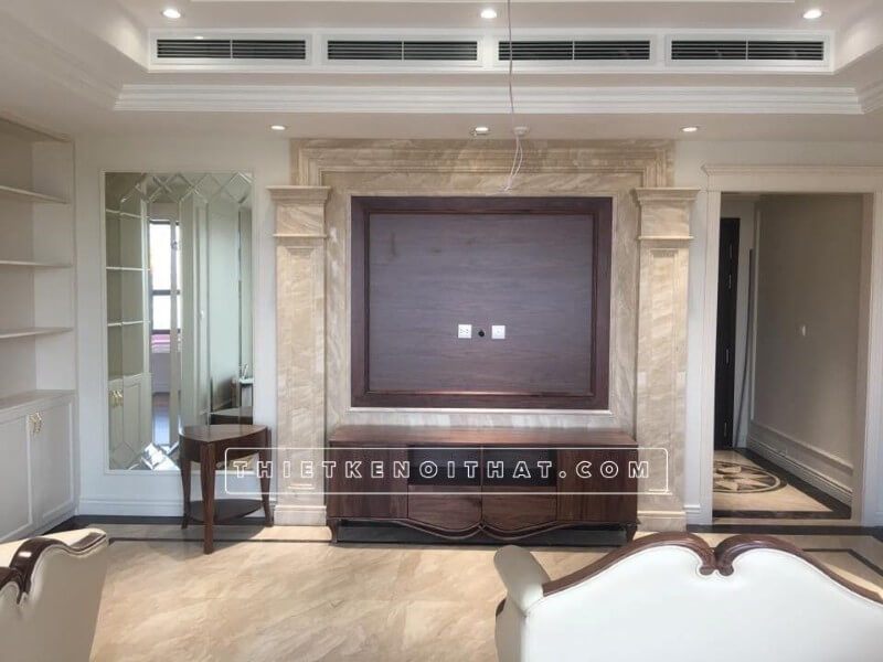 Công trình thi công đá ốp tường tivi màu nâu sang trọng để trang trí nội thất phòng khách chung cư Dcapital Trần Duy Hưng tại Cầu Giấy, Hà Nội đã hoàn thành.